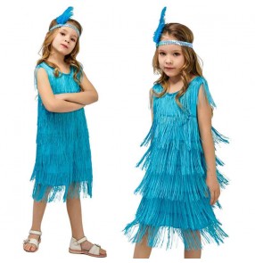 Girls kids turquoise gold silver red black fringe competition latin dance dress 1920s gatsby flapper dress salsa rumba chacha performance costumes
